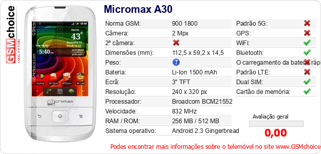 Micromax A30 Especificações técnicas do telemóvel Micromax A30 Especificações técnicas do telemóvel