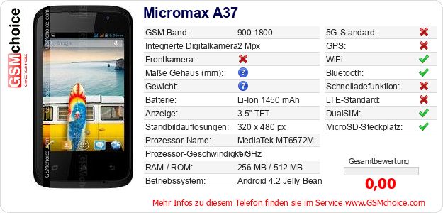 Micromax A37 technische Daten Micromax A37 technische Daten