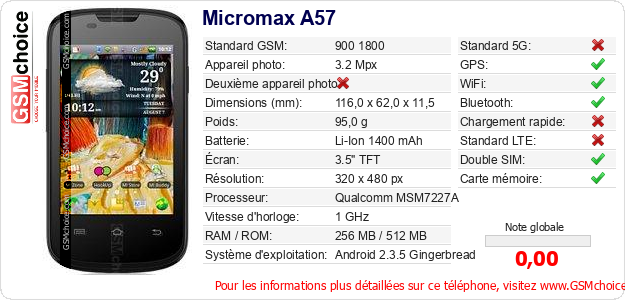 Micromax A57 Fiche technique Micromax A57 Fiche technique