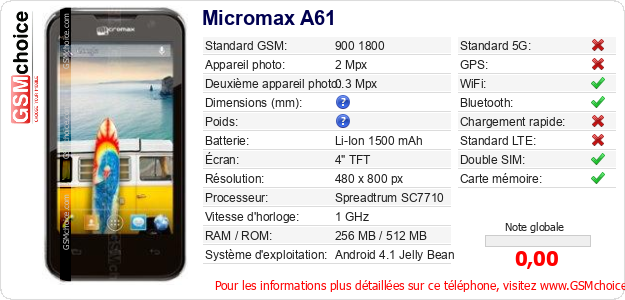 Micromax A61 Fiche technique