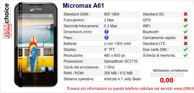 Micromax A61 Dati tecnici di telefono cellulare Micromax A61 Dati tecnici di telefono cellulare