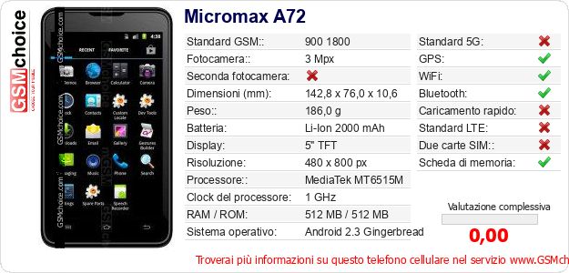Micromax A72 Dati tecnici di telefono cellulare Micromax A72 Dati tecnici di telefono cellulare