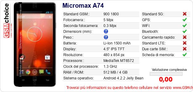 Micromax A74 Dati tecnici di telefono cellulare Micromax A74 Dati tecnici di telefono cellulare