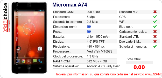 Micromax A74 Dati tecnici di telefono cellulare 