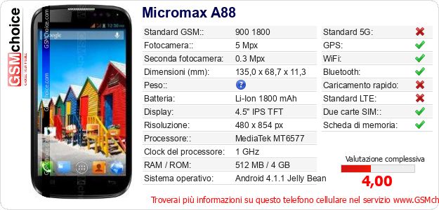 Micromax A88 Dati tecnici di telefono cellulare Micromax A88 Dati tecnici di telefono cellulare