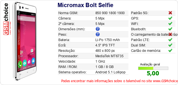 Micromax Bolt Selfie Especificações técnicas do telemóvel Micromax Bolt Selfie Especificações técnicas do telemóvel