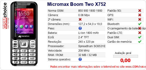 Micromax Boom Two X752 Especificações técnicas do telemóvel Micromax Boom Two X752 Especificações técnicas do telemóvel