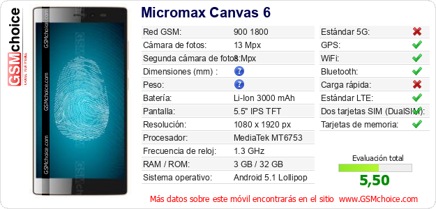 Micromax Canvas 6 Datos técnicos del móvil Micromax Canvas 6 Datos técnicos del móvil