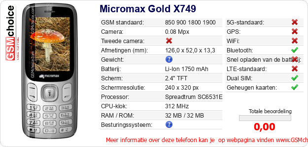 Micromax Gold X749 Technische gegevens Micromax Gold X749 Technische gegevens