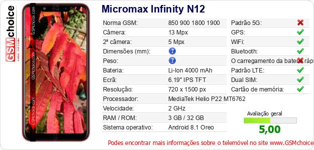 Micromax Infinity N12 Especificações técnicas do telemóvel Micromax Infinity N12 Especificações técnicas do telemóvel