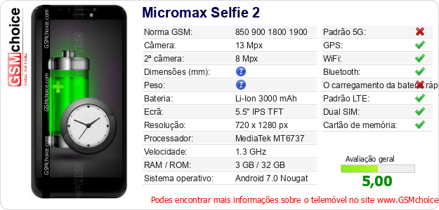 Micromax Selfie 2 Especificações técnicas do telemóvel Micromax Selfie 2 Especificações técnicas do telemóvel