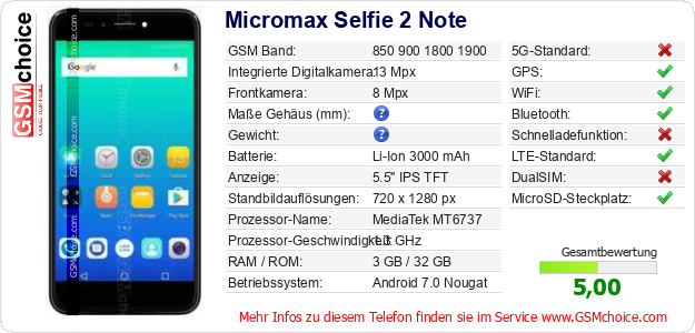 Micromax Selfie 2 Note technische Daten Micromax Selfie 2 Note technische Daten