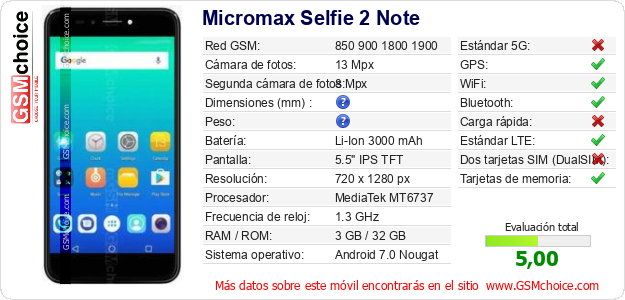 Micromax Selfie 2 Note Datos técnicos del móvil 