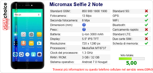Micromax Selfie 2 Note Dati tecnici di telefono cellulare 