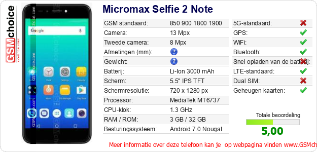 Micromax Selfie 2 Note Technische gegevens Micromax Selfie 2 Note Technische gegevens