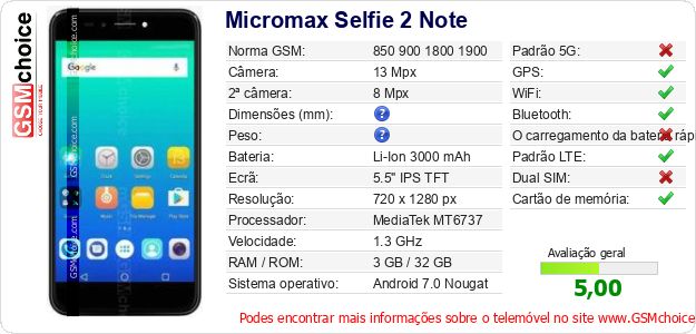 Micromax Selfie 2 Note Especificações técnicas do telemóvel Micromax Selfie 2 Note Especificações técnicas do telemóvel