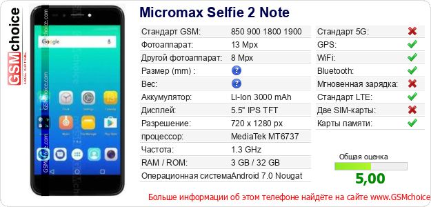 Micromax Selfie 2 Note Технические данные телефона Micromax Selfie 2 Note Технические данные телефона