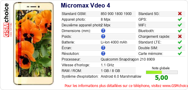 Micromax Vdeo 4 Fiche technique