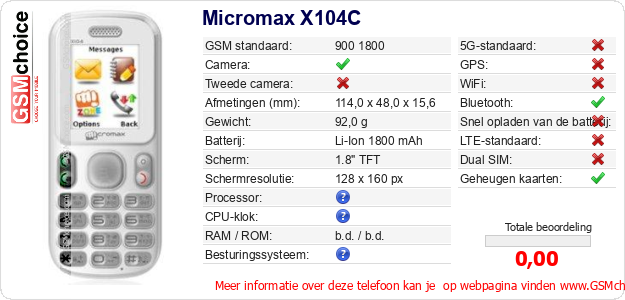 Micromax X104C Technische gegevens Micromax X104C Technische gegevens