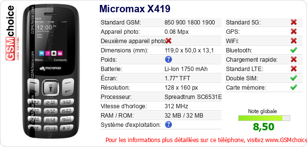 Micromax X419 Fiche technique