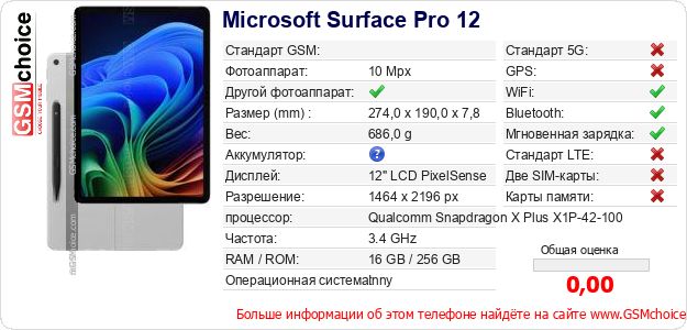 Microsoft Surface Pro 12 Технические данные телефона Microsoft Surface Pro 12 Технические данные телефона