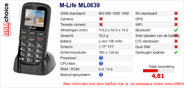 M-Life ML0639 Technische gegevens 