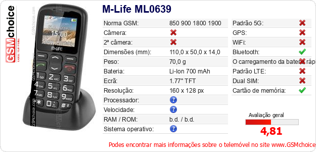 M-Life ML0639 Especificações técnicas do telemóvel M-Life ML0639 Especificações técnicas do telemóvel