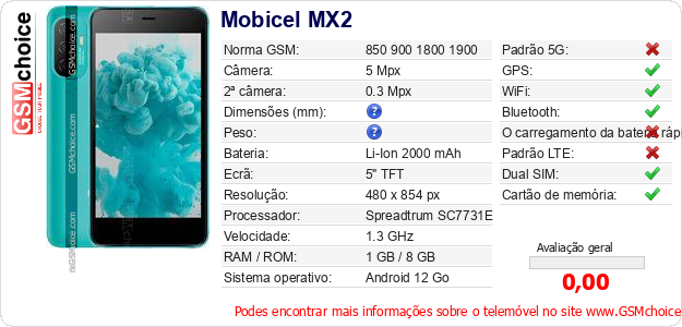 Mobicel MX2 Especificações técnicas do telemóvel Mobicel MX2 Especificações técnicas do telemóvel
