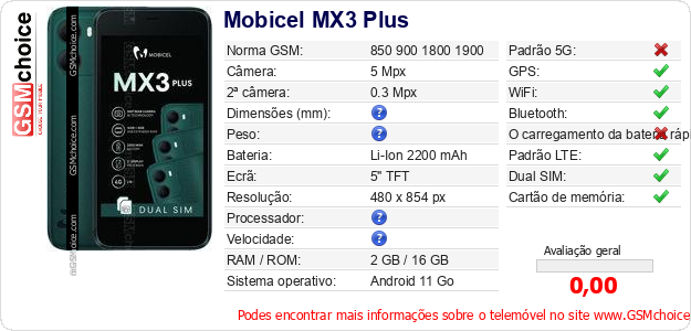Mobicel MX3 Plus Especificações técnicas do telemóvel 