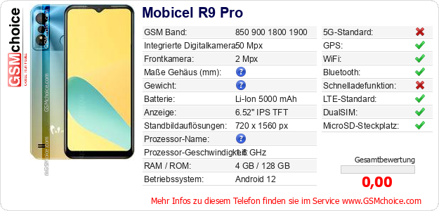 Mobicel R9 Pro technische Daten Mobicel R9 Pro technische Daten