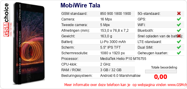 MobiWire Tala Technische gegevens 