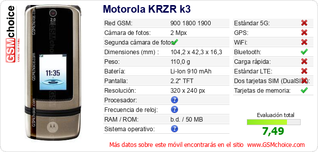 Motorola KRZR k3 Datos técnicos del móvil 