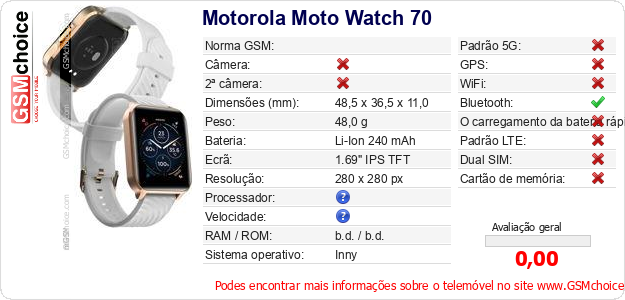 Motorola Moto Watch 70 Especificações técnicas do telemóvel 