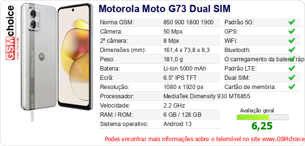 Motorola Moto G73 Dual SIM Especificações técnicas do telemóvel 
