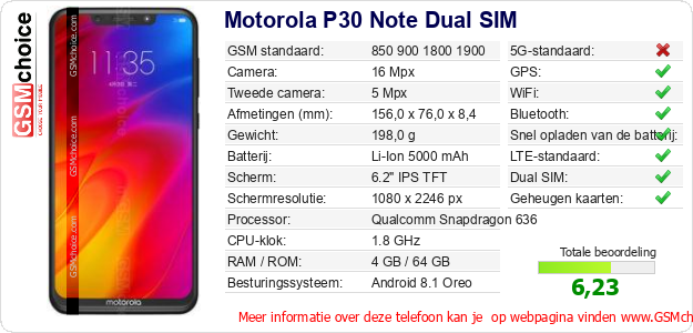 Motorola P30 Note Dual SIM Technische gegevens Motorola P30 Note Dual SIM Technische gegevens