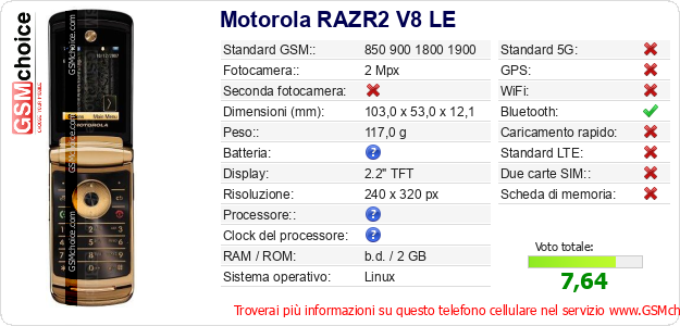 Motorola RAZR2 V8 LE Dati tecnici di telefono cellulare Motorola RAZR2 V8 LE Dati tecnici di telefono cellulare