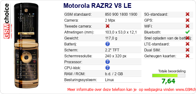 Motorola RAZR2 V8 LE Technische gegevens 