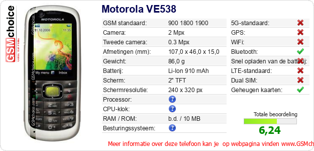 Motorola VE538 Technische gegevens Motorola VE538 Technische gegevens