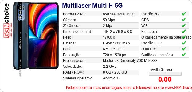 Multilaser Multi H 5G Especificações técnicas do telemóvel Multilaser Multi H 5G Especificações técnicas do telemóvel