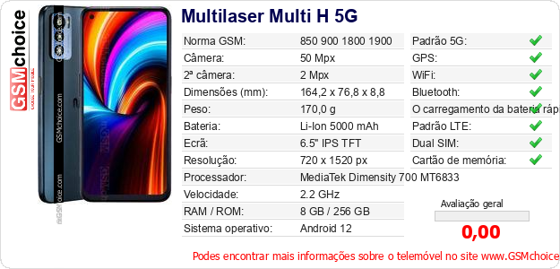 Multilaser Multi H 5G Especificações técnicas do telemóvel 
