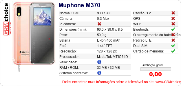 Muphone M370 Especificações técnicas do telemóvel Muphone M370 Especificações técnicas do telemóvel