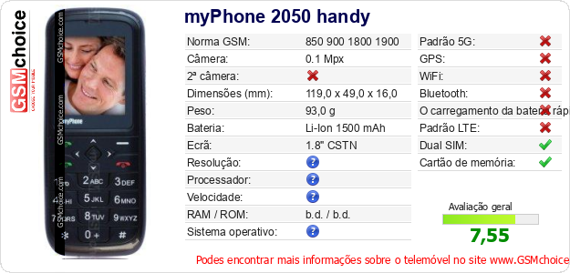myPhone 2050 handy Especificações técnicas do telemóvel 