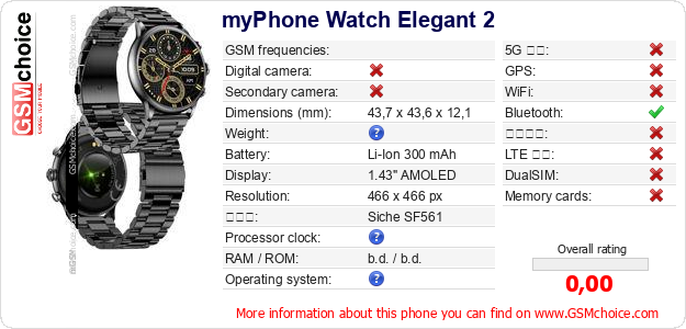 myPhone Watch Elegant 2 手機技術數據