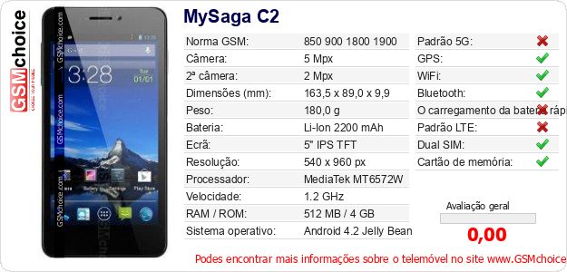 MySaga C2 Especificações técnicas do telemóvel 