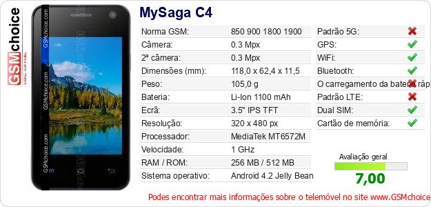 MySaga C4 Especificações técnicas do telemóvel MySaga C4 Especificações técnicas do telemóvel