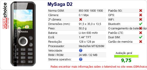MySaga D2 Especificações técnicas do telemóvel 