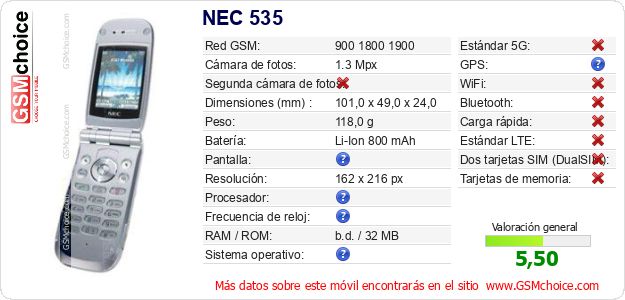 NEC 535 Datos técnicos del móvil NEC 535 Datos técnicos del móvil