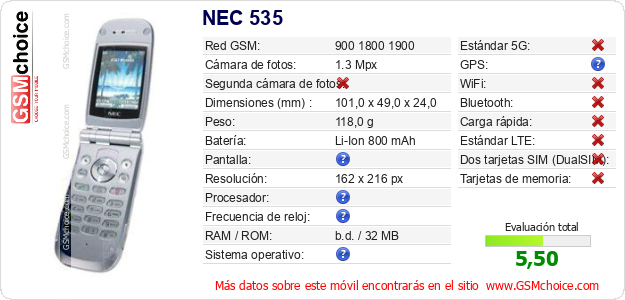 NEC 535 Datos técnicos del móvil NEC 535 Datos técnicos del móvil