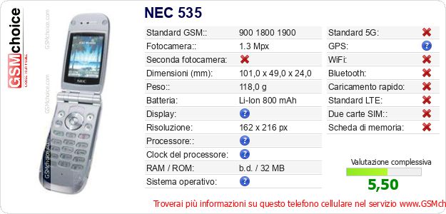 NEC 535 Dati tecnici di telefono cellulare NEC 535 Dati tecnici di telefono cellulare