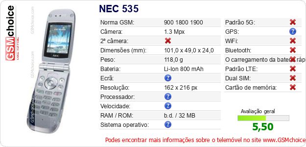 NEC 535 Especificações técnicas do telemóvel NEC 535 Especificações técnicas do telemóvel